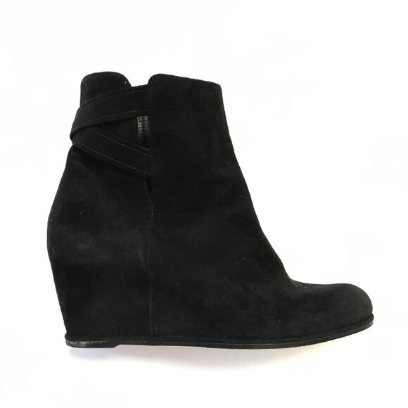 Stuart Weitzman Wedge Ankle Booties Boots Womens 9 Black Suede Heels Criss Cross - Picture 1 of 12